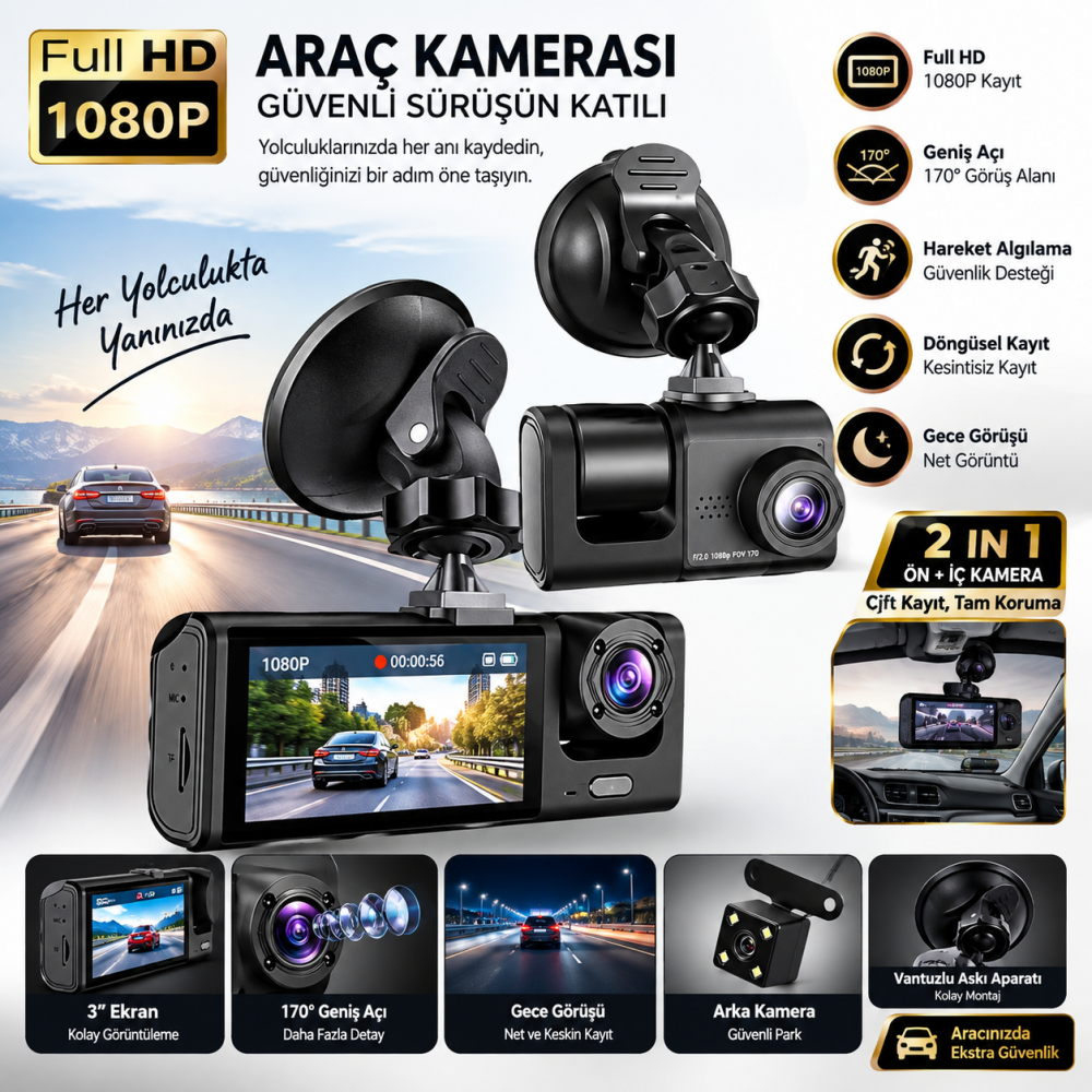 1080P Full HD Araç İçi Kamera Geniş Açılı Ön ve Arka Kamera