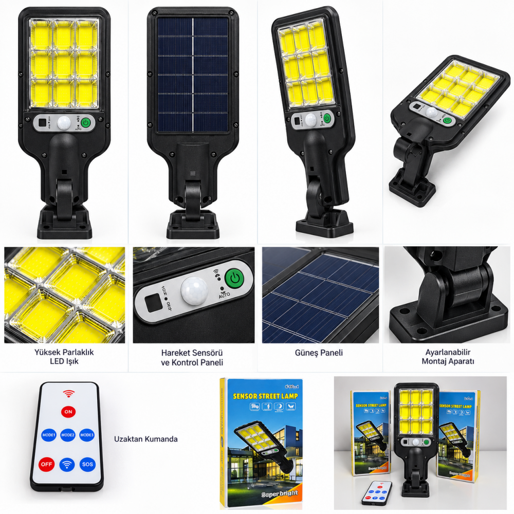 Güneş Enerjili Sensörlü LED Sokak Lambası Kumandalı Solar Bahçe Aydınlatma