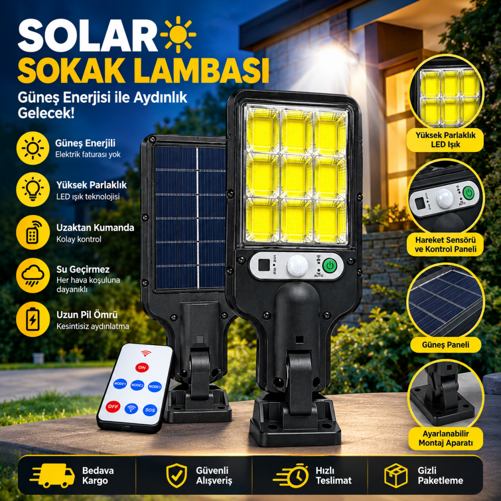 Güneş Enerjili Sensörlü LED Sokak Lambası Kumandalı Solar Bahçe Aydınlatma