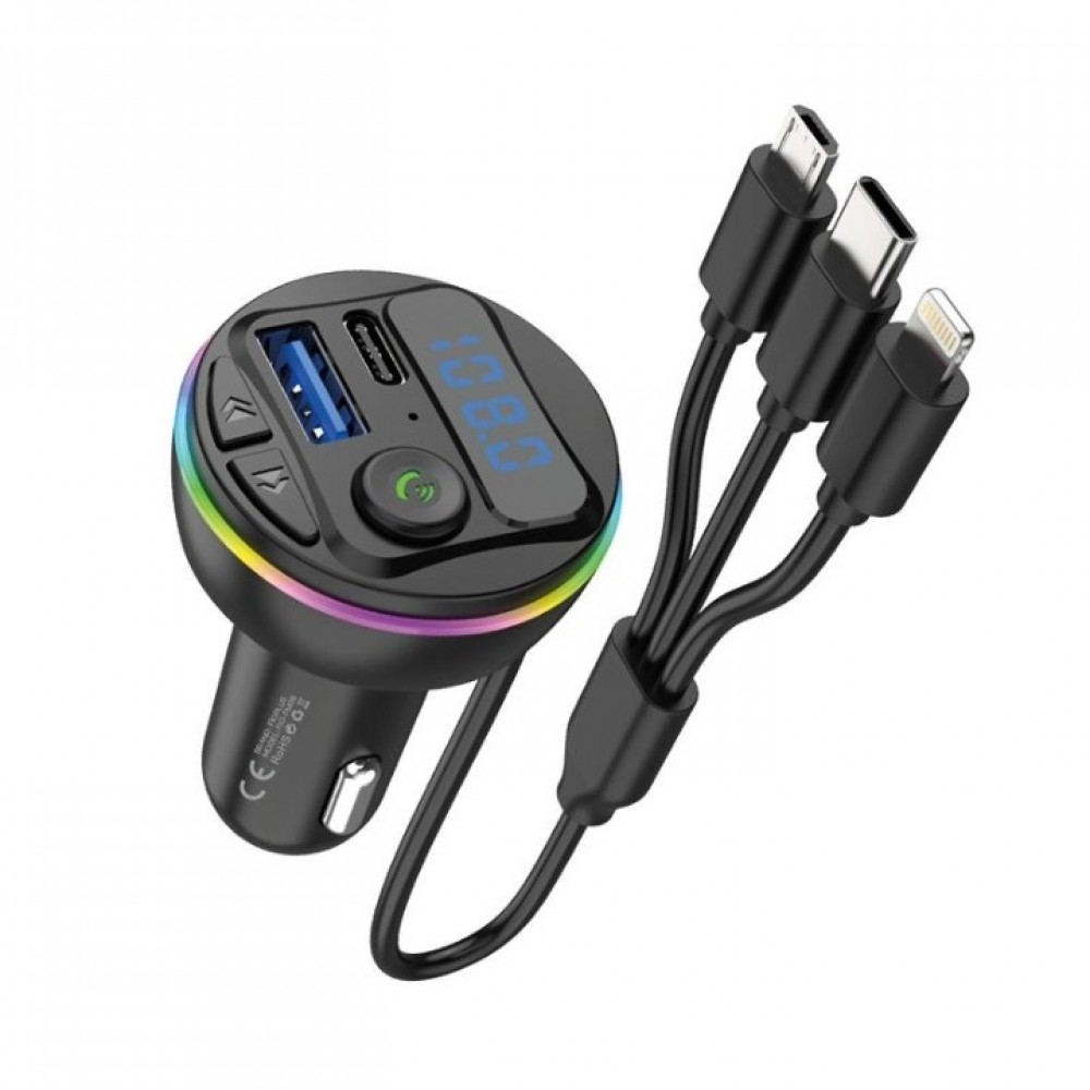 FM Transmitter Bluetooth 5.0 Araç Şarj Cihazı 3.1A RGB Işıklı USB Type-C