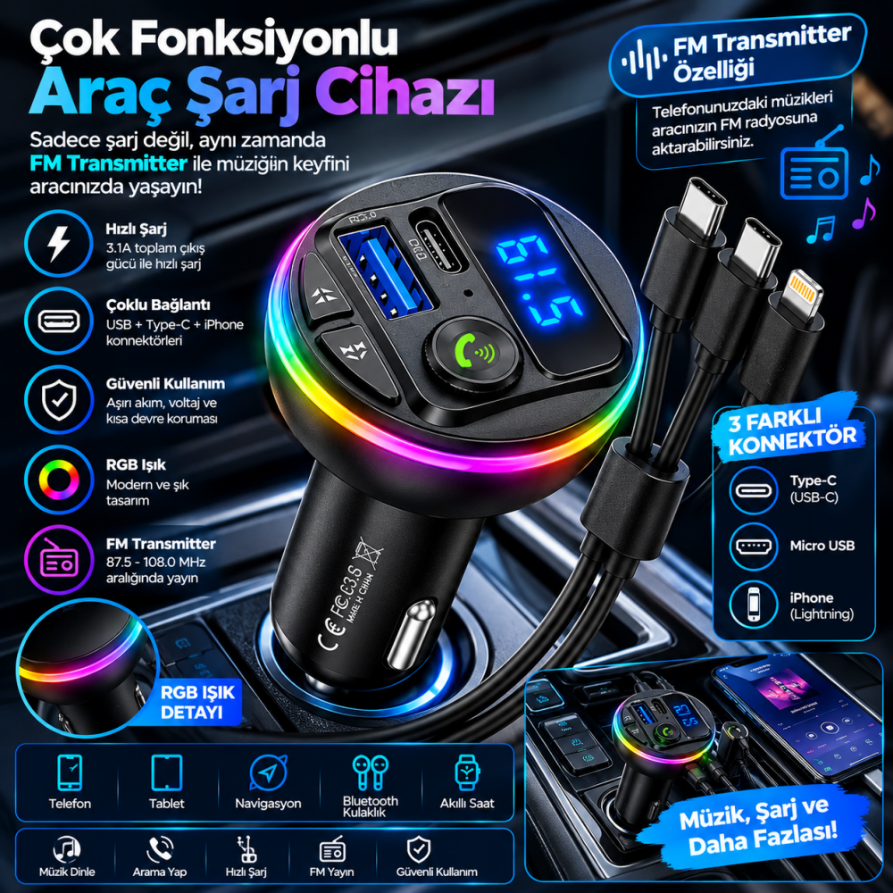 FM Transmitter Bluetooth 5.0 Araç Şarj Cihazı 3.1A RGB Işıklı USB Type-C