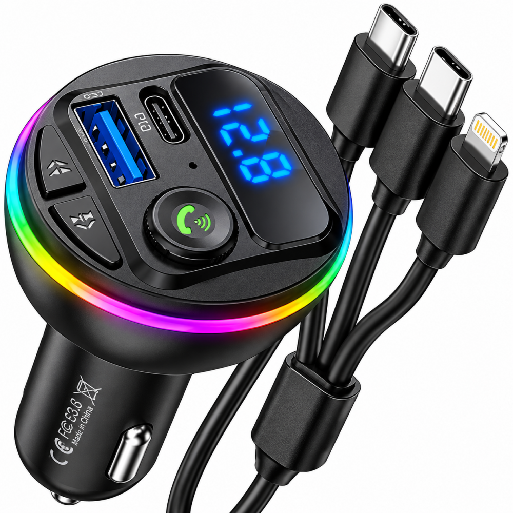 FM Transmitter Bluetooth 5.0 Araç Şarj Cihazı 3.1A RGB Işıklı USB Type-C