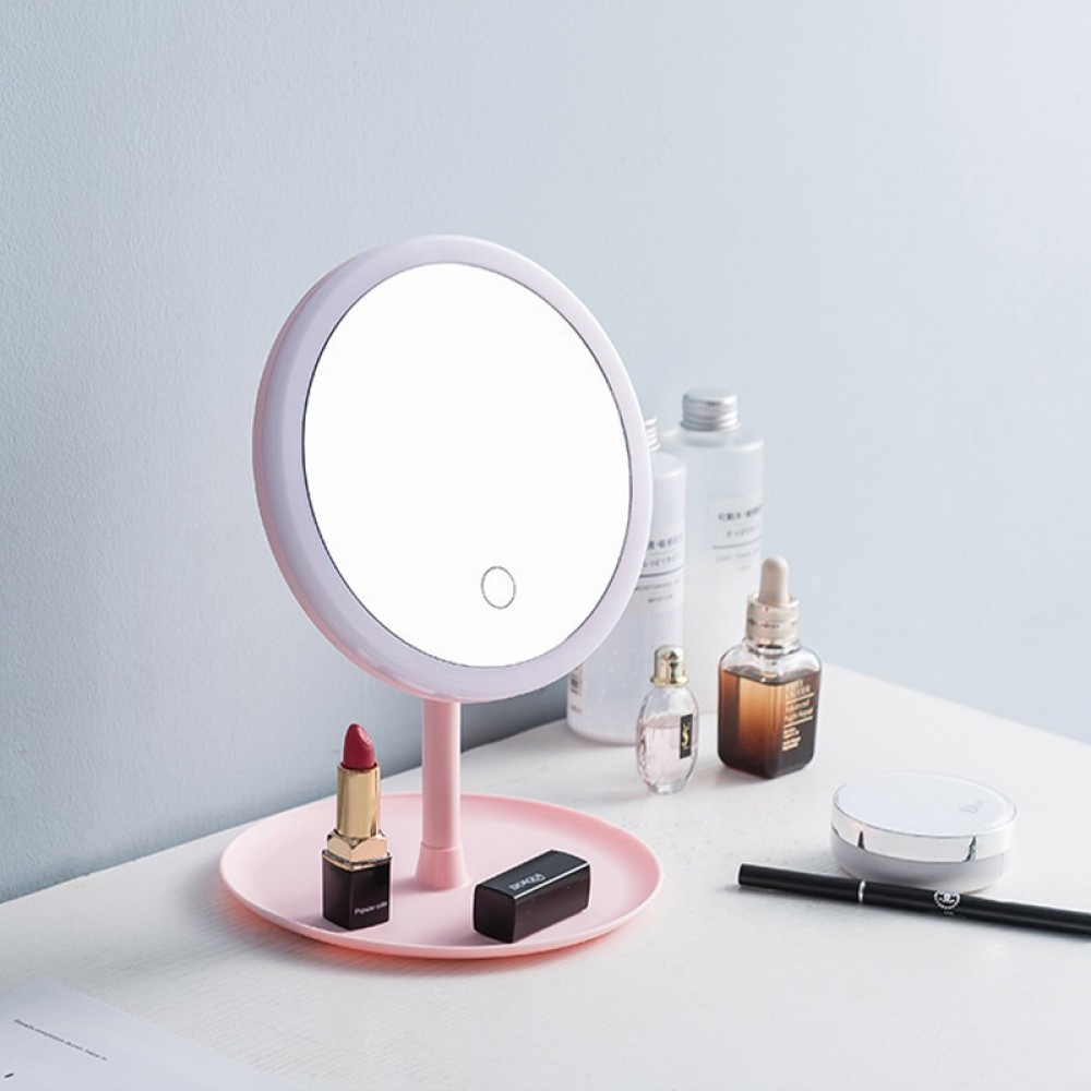 led isikli dokunmatik masaustu makyaj aynasi 3 farkli isik degistirme modlu tepsili pembe ayna