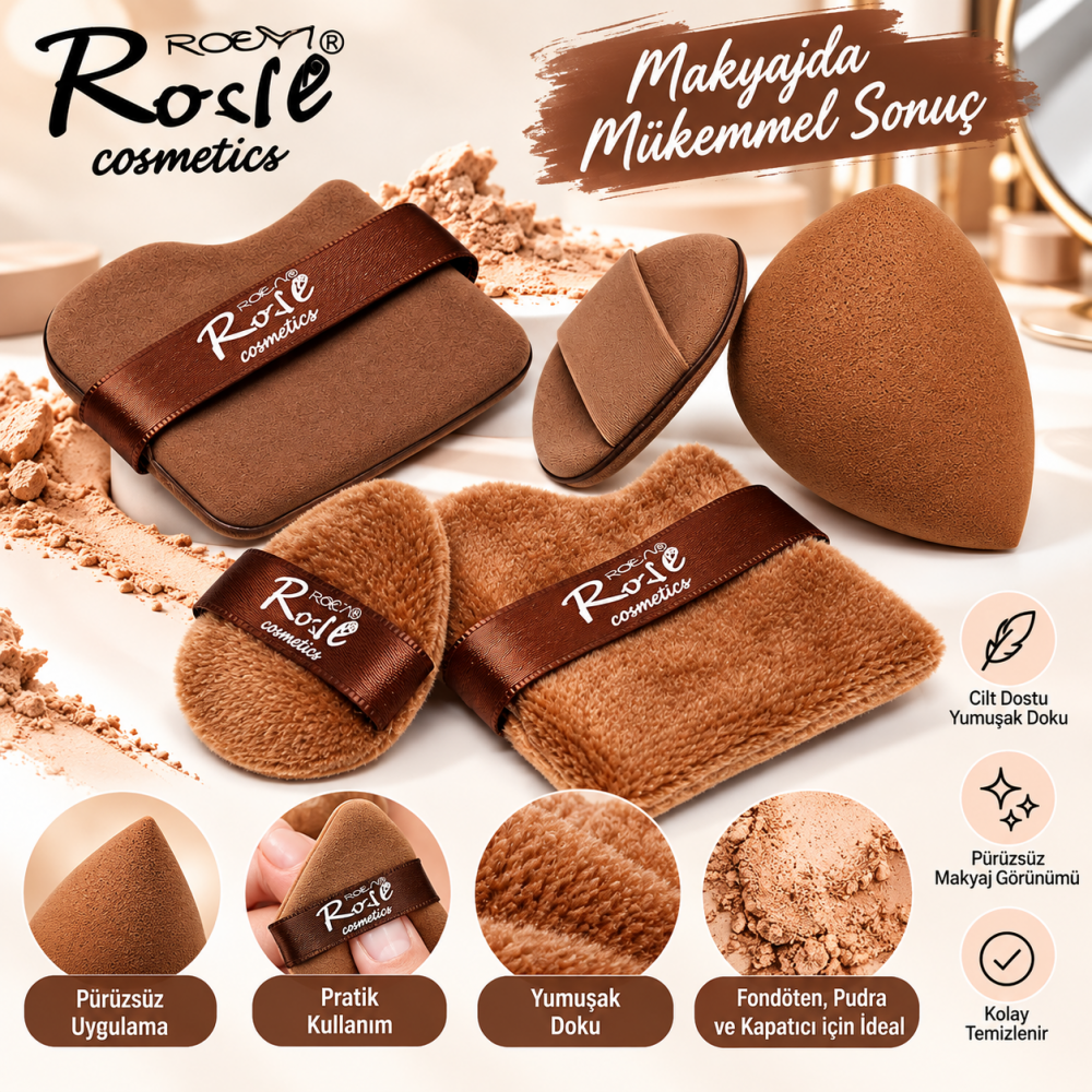 Rose 5'li farklı şekilli çikolata model makyaj süngeri seti