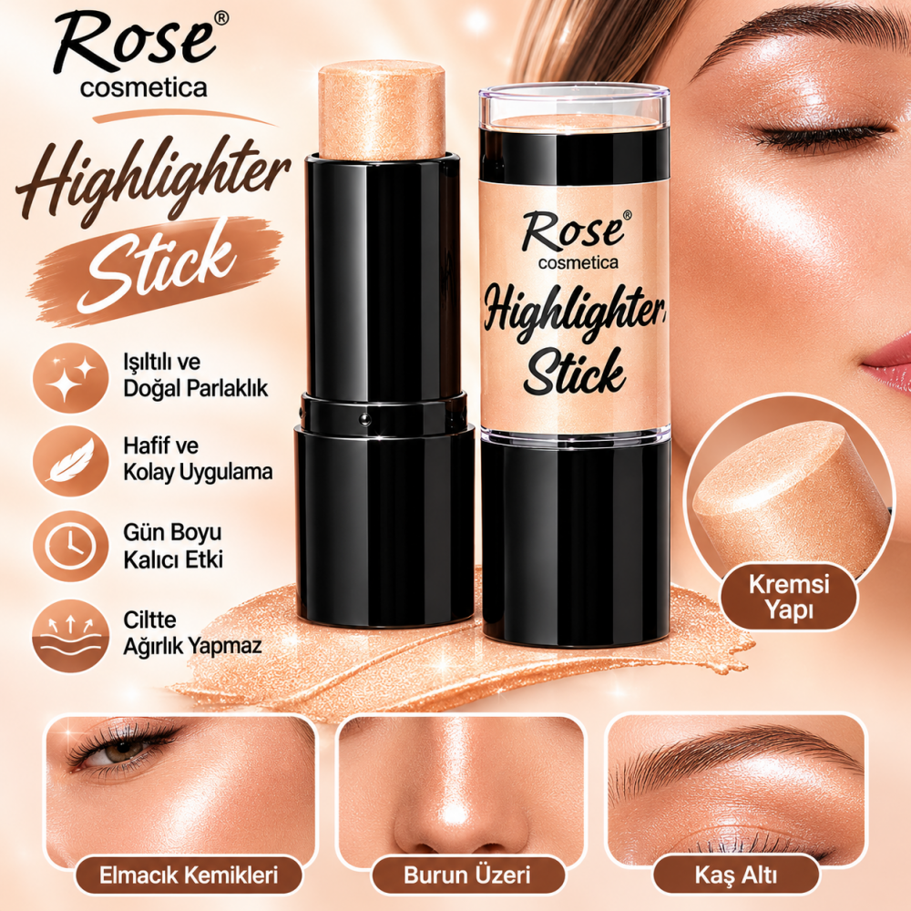 Rose Cosmetics 01 şampanya ve altın ışıltılı stik yüz aydınlatıcısı ürün görseli