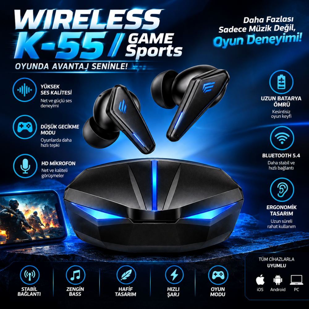 K55 Powerbanklı Bluetooth 5.4 TWS Gaming Kulaklık