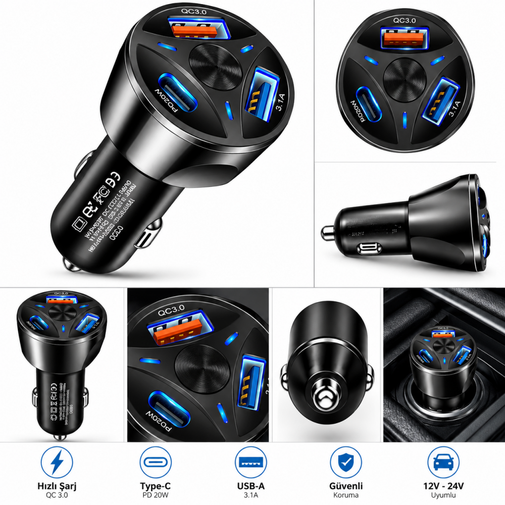 3 Portlu QC 3.0 PD 20W Araç Şarj Aleti