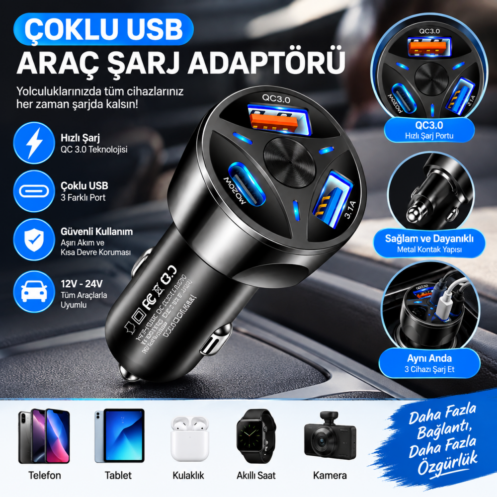3 Portlu QC 3.0 PD 20W Araç Şarj Aleti