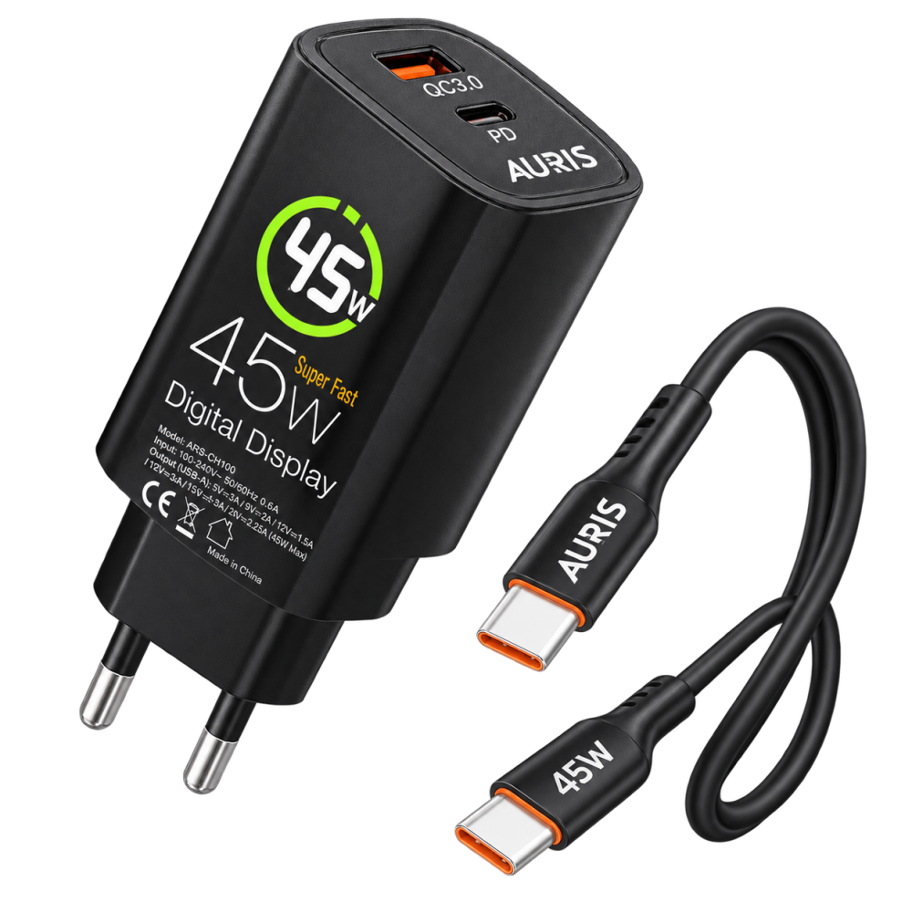 AURIS ARS-CH100 45W Hızlı Şarj Aleti USB-C PD QC3.0 Dijital Ekran