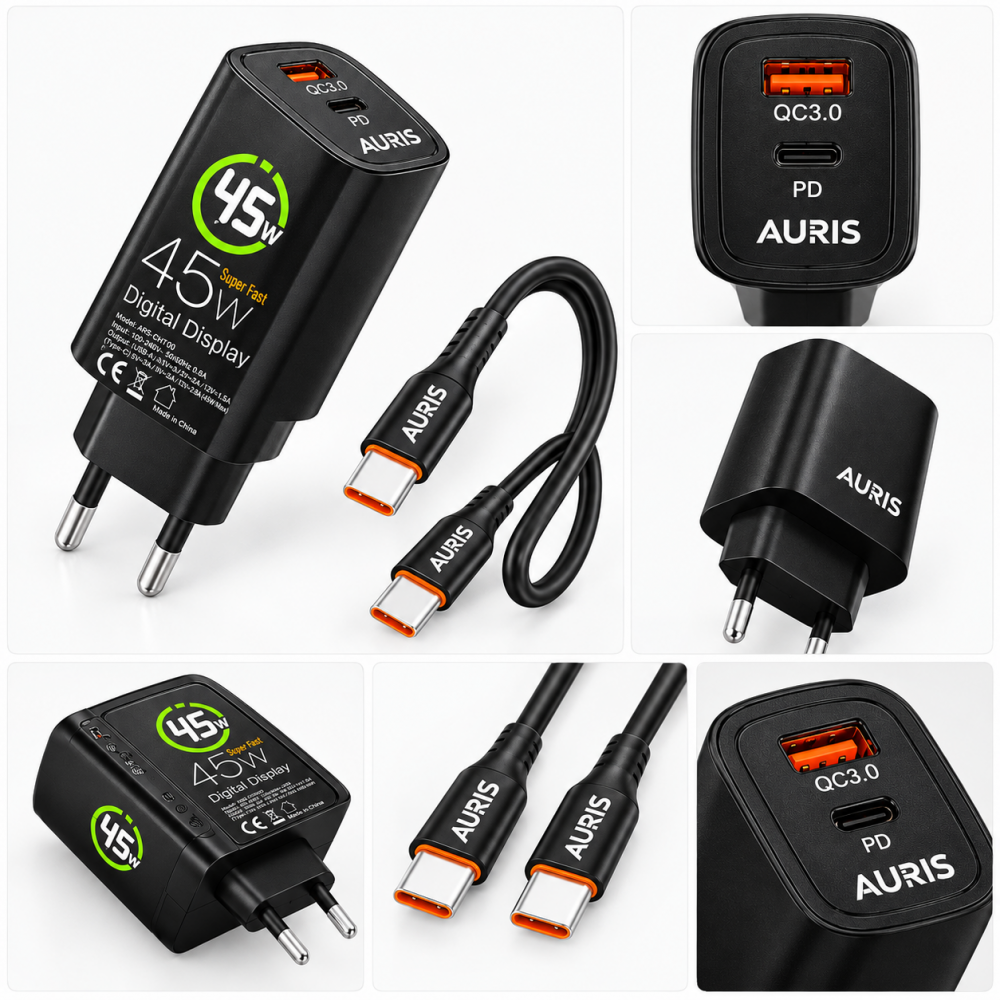 AURIS ARS-CH100 45W Hızlı Şarj Aleti USB-C PD QC3.0 Dijital Ekran