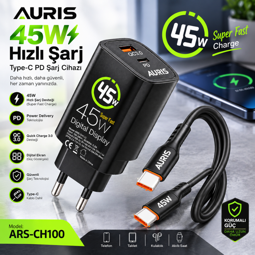 AURIS ARS-CH100 45W Hızlı Şarj Aleti USB-C PD QC3.0 Dijital Ekran