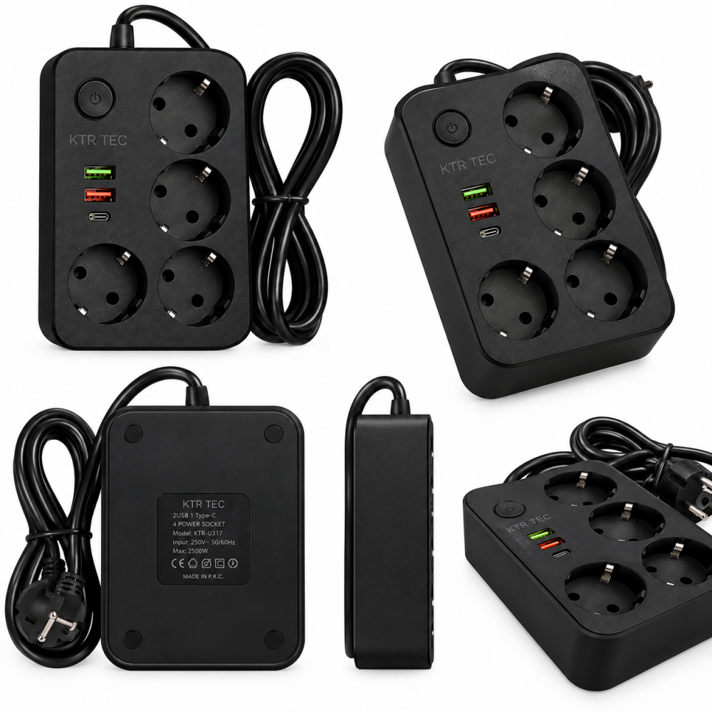 KTR-U317 4’lü Akım Korumalı Priz 2 USB + Type-C Şarj Soketli