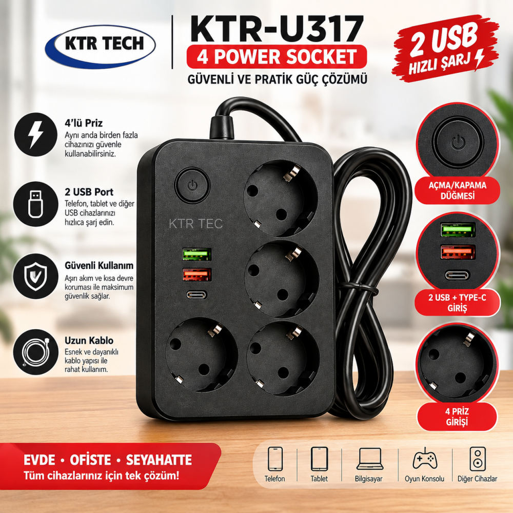 KTR-U317 4’lü Akım Korumalı Priz 2 USB + Type-C Şarj Soketli