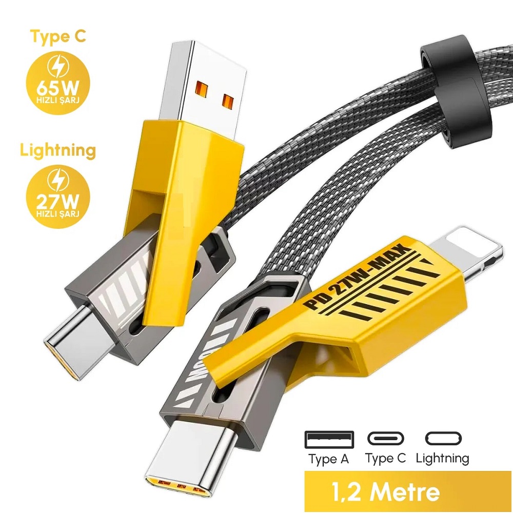 4in1 120W Hızlı Şarj ve Data Kablosu 1.2 Metre Type-C Lightning Type-A