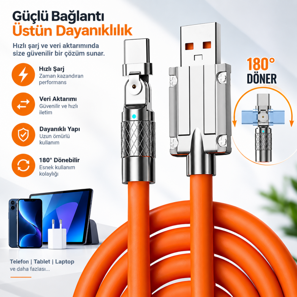 Fioplus 180° Döner USB to Type-C 120W Hızlı Şarj Kablosu