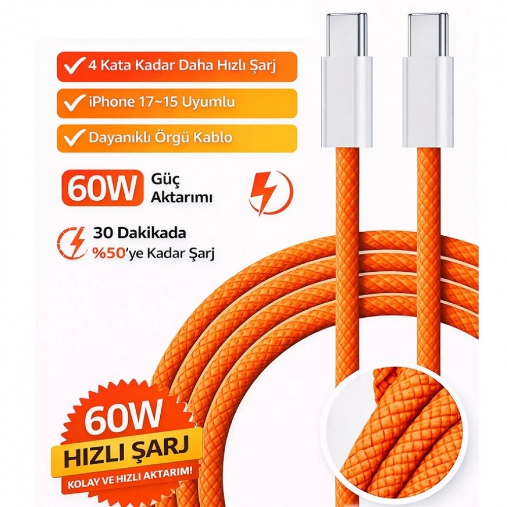 iPhone 17 Pro Max Uyumlu 60W Örgü Hızlı Şarj Kablosu Turuncu Type-C