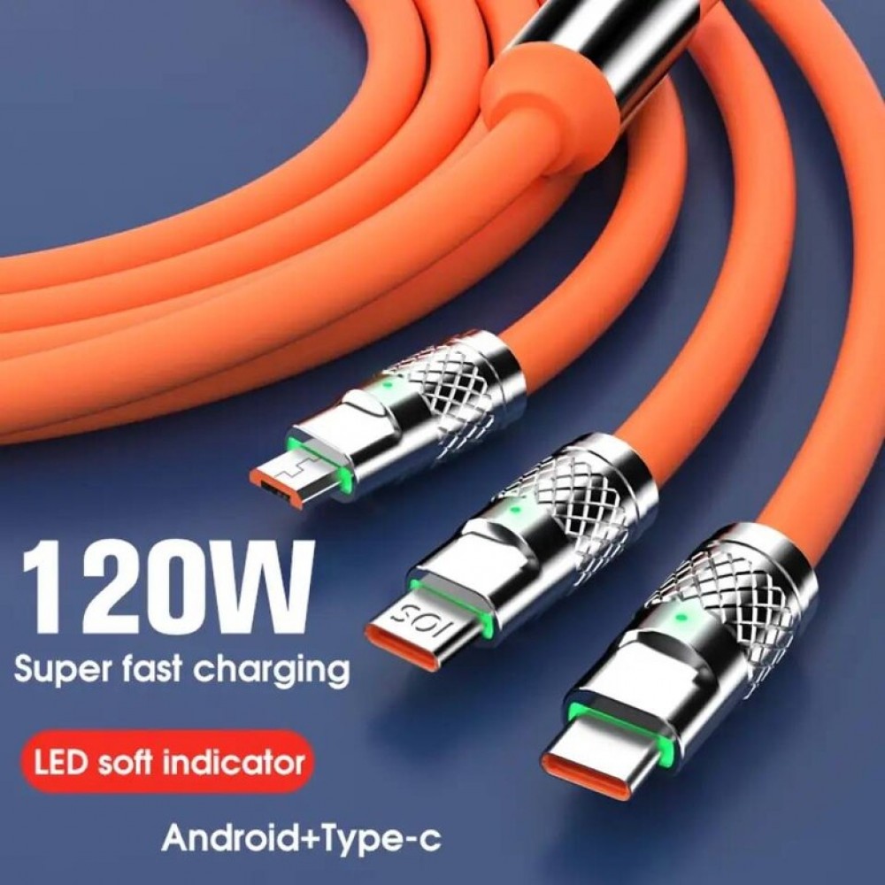 Süper Hızlı 3in1 Şarj Kablosu 120W 6A Type-C Lightning Micro USB